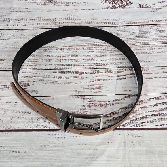 Genuine Leather Belt Mens Sz 36 Brown Black Reversible Dress Silver Buckle Basic - Picture 2 of 6